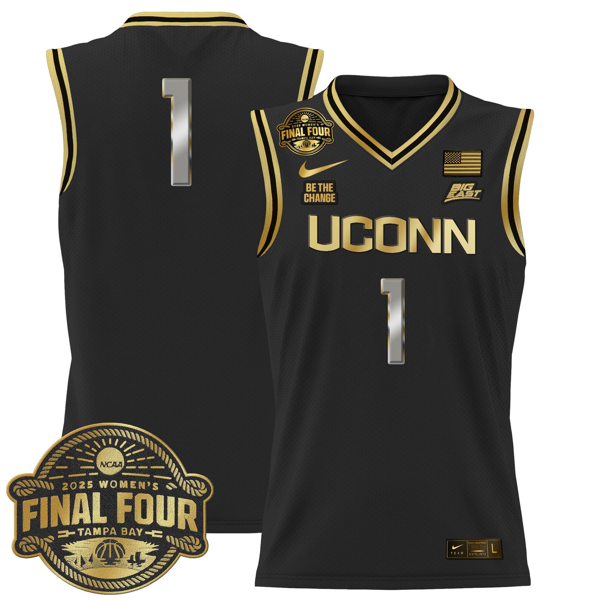 Men UConn Huskies 1 No Name Black Nike 2025 Big Eat Final Four Patch Lightweight Basketball NCAA Jersey